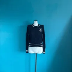 1126 MAX&Co. エンブレム刺繍入りニット 紺×白ライン　S 上質素材のサムネイル