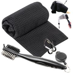 Golf Ball and Club Cleaning Set | Iron Brush with Retractable Reel & Contyu Microfiber Club and Ball Towel (1 piece) with Carabiner (Black/Dark Navy 20)
