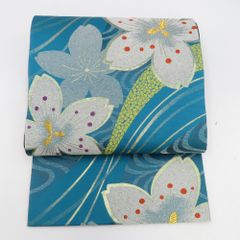 名古屋帯】夏帯 紗 洗える 納戸色 青緑色 刺繍の萩 正絹薄物 盛夏 K 
