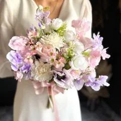 【レンタル戻り】白×ピンク×紫クラッチブーケ☆ブートニア