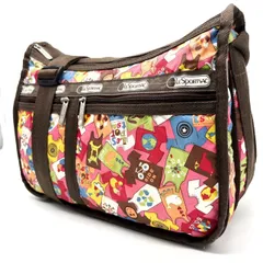 【良品】 Lesportsac レスポートサック ハンドバッグ  トートバッグ ショルダーバッグ ナイロン 総柄  ブラウン 茶色 マルチカラー マルチポケット ユニセックス 男女兼用 メンズ レディース