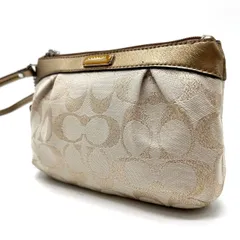 【良品】 COACH コーチ ポーチ ハンドバッグ シグネチャー キャンバス レザー 革 ベージュ 肌色 ゴールド 銀色 キーホルダー ユニセックス 男女兼用 メンズ レディース
