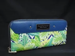 ■美品■Samantha Thavasa サマンサタバサ PVC×レザー 植物 ラウンドファスナー 長財布 ウォレットライトグリーン系×ブルー系 DI5739