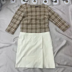 UNTITLED ツイードワンピース　ドッキングワンピース　チェック　長袖　2　M アイボリー　ブラウン