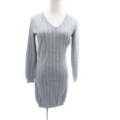 アンタイトル UNTITLED ニットワンピース Vネック ひざ丈 長袖 ストライプ柄 2 M グレー オフホワイト /HO48