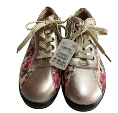 タグ付き 未使用 ヘルシーメニュー Healthy Menu スニーカー 厚底 レースアップ サイドジップ 花柄 24.5cm ピンク系 MO131