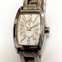 Tonneau-shaped quartz watch, metal band, silver x rose gold, working condition.