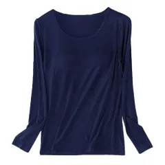 長袖 カップ付き インナー パッド付き プラトップ 大きいサイズ レディース 肌着 丸首 無地 さらさら 薄手 アンダーゴム 黒 白 赤 紺 紫 S M L LL 3L 4L 5L rr66