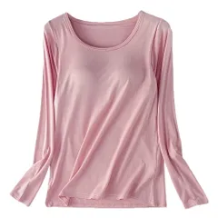 長袖 カップ付き インナー パッド付き プラトップ 大きいサイズ レディース 肌着 丸首 無地 さらさら 薄手 アンダーゴム 黒 白 赤 紺 紫 S M L LL 3L 4L 5L rr66