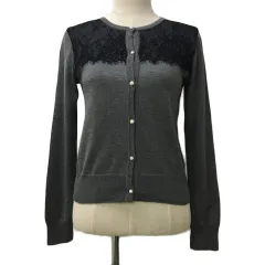 ナノユニバース nano universe Lusso vita カーディガン ニット クルーネック 無地 レース ビジューボタン ナイロン 長袖 F グレー 黒 ブラック