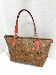 コーチ COACH フラワー シグネチャー PVC×レザー トートバッグ 美品 ベージュ ピンク F66880 花柄 かばん 鞄