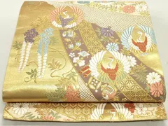 平和屋着物●六通柄袋帯　唐織　七宝群れ鶴文　枝垂れ藤　金糸　正絹　逸品　未使用　DAAY0270ob 平和屋着物○六通柄袋帯 唐織 七宝群れ鶴文 枝垂れ藤 金糸 正絹 逸品