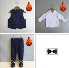 男の子裏起毛スーツ冬秋用 フォーマルスーツ 5点セット ベスト裏起毛+パンツ裏起毛+シャツ裏起毛+ボウタイ+コサージュ 子供服 キッズ 入園式 入学式 卒業式 演出 冠婚葬祭