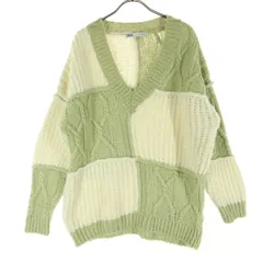 ZARA ザラ バイカラー 長袖 Vネック ニット S グリーン系 アイボリー レディース 古着