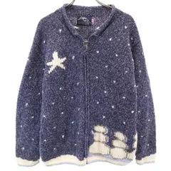 ANDE WEAR ウールブレンド オールド 星 雪だるま 長袖 ジップアップ ニットカーディガン S ネイビー レディース 古着