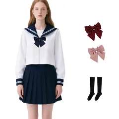 新品 [EMGTTXDY] セーラー服 本格制服 コスプレ 蝶結ぶ 5点セット JK 女子高生 制服 ホワイト 長袖と半袖 セーラー服 スカート上下セット JKコスプレ かわいい 女子制服 正統派 本格 学園祭 文化祭 仮装 クラスの服 関西襟 學院風 大きい