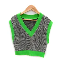 ザラ ZARA ニットベスト ショート丈 Vネック ヘリンボーン柄 S 黒 白 黄緑 /SY22