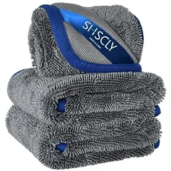 SHSCLY マイクロファイバー 洗車 タオル 超吸水 クロス 厚手 コンパクトサイズ 絞りながら使用可能 (グレー 青縁 30x40cm 3枚入り)