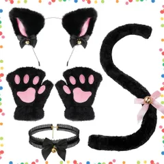 【特価商品】チョーカー しっぽ 4点セット 鈴付き 肉球手袋 ハロウィン カチューシャ 仮装 小物 猫耳 黒