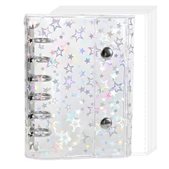 【人気商品】シールを見えるまま収納 おしゃれ かわいい はがせる 10枚リフィル付き 6穴 防水耐汚れ素材（ホログラム星柄入り） シール帳 シール帳 クリアバインダー 透明バインダー A7 女の子 透明