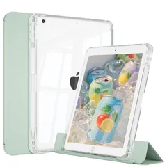新品 iPad 9世代 ケース 第8/7世代 (2021/2020/2019) 対応 10.2インチ用 縦置き 分離式 横向き＆縦向きスタンド機能付き 軽量保護ケース クリアバックカバー オートスリープ 三つ折り ペン収納（ライトグリーン）