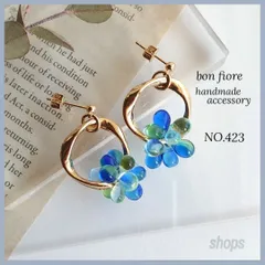 ハンドメイド　ピアス　イヤリング　サージカルステンレス　ハンドメイドアクセサリー　チェコビーズ　ぶどう　花火　お花　紫陽花　フープ　揺れる　マスカット　ブルー　青　ぷっくり　キラキラ　樹脂ピアス　金属アレルギー対応　プレゼント　ギフト　クリア　NO.423