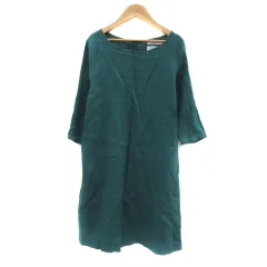 グローバルワーク GLOBAL WORK ワンピース ひざ丈 七分袖 ラウンドネック 無地 リネン L 緑 グリーン /YS38 ■MO