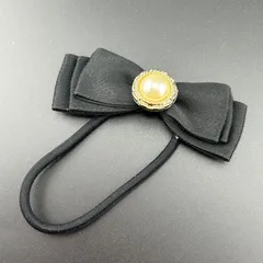 【新品】ヘアアクセサリー ヘアゴム リボン ブラック×ホワイト フェイク パール 大きめ キレイ◆