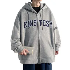 【新品】 [Fasshonrida] ジップパーカー メンズ 裹起毛 秋冬服 防寒 保温 ジップアップパーカー あったか ZIP 上着 フルジップ アウター フード付き ぱーかー おしゃれ サガラ刺繍 英字ロゴ 服 大きいサイズ 秋 冬 春 gray XL