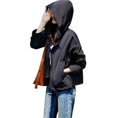 【新品】 [H2four] ジャケット レディース 薄手 ブルゾン アウターウエア ショート丈 アウター 長袖 フード付き ポケット付き ドローコード ジップアップ 体型カバー ゆったり 軽量 防風 通勤 カジュアル 春 秋 シンプル 無地 1