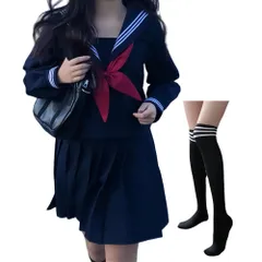 新品 [BUITVOZE] コスプレ セーラー服 定番 ネイビー 女子高校生制服 蝶結び 長袖 女子高生 JK コスチューム 綿 歓送迎会 学園祭 イベント 長いソックス付き 大きいサイズ