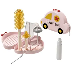 新品 Percy’s Caravan 哺乳瓶ブラシセット 携帯用 乾燥ラック付き 車型ケース おしゃぶり洗浄 ストローブラシ付き ベビー旅行便利グッズ (ピンク)