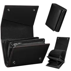 【GSG】財布 メンズ 2つ折り 栃木レザー 本革 カード縦入れ ミニ財布 大容量 箱型の小銭入れ 小さい コンパクト 箱状 左利き 右利き 父の日 誕生日 (ブラック)