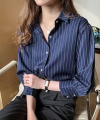 きれいめ ブラウス ストライプ  XLサイズ シャツ やわらか 仕事 知的 細見え エレガント 大人 オフィス トップス レディース 春 夏 秋  R1111