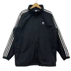adidas アディダス ナイロンジャケット スリーライン フード収納 ライトアウター ドローコード ワンポイントプリント トラックジャケット バングラデシュ製 3XOTサイズ ブラック