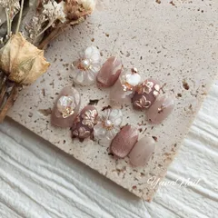 淡色ネイル♡フラワーネイルチップ♡ショートオーバル♡成人式ネイル♡ブライダルネイル♡マグネットネイル♡くすみネイル