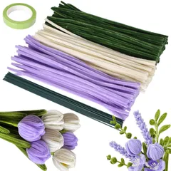 新品 手芸モール チューリップの手芸キット カラーモール 紫+白＋グリーン色 双頭花おしべ300本 人工花茎15本 エレガントなラッピングペーパー1枚 花束工作キット 造花DIY 曲げ可能 造形材料 DIY モールフラワー インテリア飾り/手芸用 工作モール
