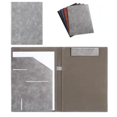 新品 バインダー クリップボード クリップファイル ベルポスト A4 タテ 革 贈り物 PU 名刺入れ 多機能 プレゼント ペンホルダー ポケット付き (グレー PUレザー)