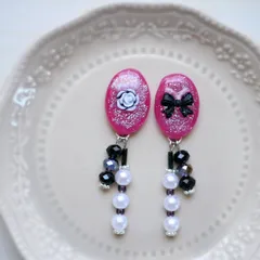 薔薇　リボン　レジン　カボション　ピアス・イヤリング　ピンク　ブラック　パール
