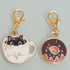 【179】ミニサイズ♡ファスナーチャーム♡猫♡カフェ♡Coffee♡ドーナツ♡2個セット アクセサリー - チャーム
