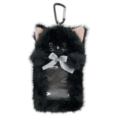 [Stream] パスケース Tino ふわもこアニマル リール付き ぬいぐるみ 定期入れ カラビナ付き キーホルダー 通学 通勤 ICカードケース黒猫 TY041-L