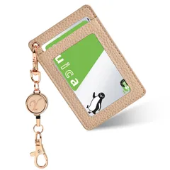 カードホルダー 縦型 パスケース レディース メンズ パスケース リール付き 定期入れ 両面収納かわいいリールナスカン付き 取り外し簡単 カード収納 通カード 通勤 通学 多機能-アプリコットY