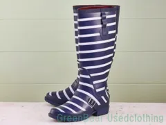 T639 レディース L.L.ビーン レインブーツ ストライプ 紺 ネイビー 7W 24cm