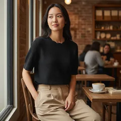 ユニクロ UNIQLO and COMPTOIR DES COTONNIERS 美品 半袖 コットン ポップコーン クルー セーター M黒 ブラック コントワーデコトニエ レディース