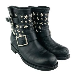 JIMMY CHOO 지미츄·레이디스 레더 스타 스터드 첨부 쇼트 부츠 JAPAN EXCLUSIVE EDITION(34.5)일본 한정 이탈리아제 레이디스 부츠 부츠 가을 겨울 물건 캐주얼 블랙 구두 엔지니어 부츠