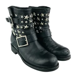 JIMMY CHOO★ジミーチュウ・レディース レザー スタースタッズ付き ショートブーツ JAPAN EXCLUSIVE EDITION(34.5)日本限定 イタリア製 レディースブーツ ブーツ 秋冬物 カジュアル ブラック 靴 エンジニアブーツ