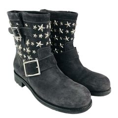 미품 JIMMY CHOO·지미츄우 레이디스 스웨이드 레더 스타 스터드 첨부 쇼트 부츠(36.5) 이탈리아제 레이디스 부츠 부츠 가을 겨울 물건 캐주얼 신발 엔지니어 부츠