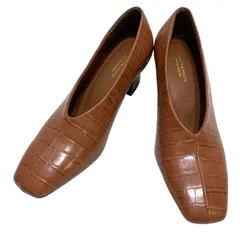 【美品】ビューティーアンドユース (23) パンプス チャンキーヒール スクエアトゥ ローヒール 型押し 希少デザイン