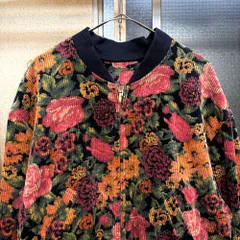 80〜90s Retro Flower太畝 コーデュロイ リブブルゾン 花柄 総柄 フルジップ ジャケット ボンバー ショート丈 ネイビー マルチカラー ヴィンテージ ビンテージ 古着 レディースM〜L相当