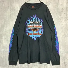 古着　Tシャツ　長袖　黒　ブラック　ロンT ロングスリーブ　メンズ ハーレー　ハーレーダビッドソン　ファイヤー